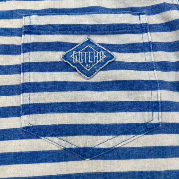 Gotcha Vintage Blue & White Striped Mens T-Shirt S 100% Cotton Pocket Logo - Picture 2 of 9